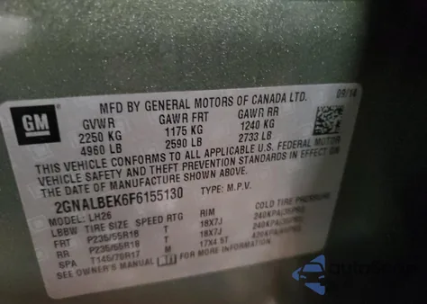 2015 Chevrolet Equinox Lt from USA, damaged, VIN 2GNALBEK6F6155130